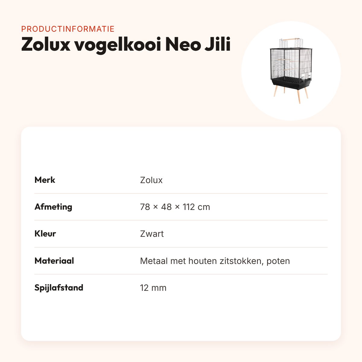 Zolux vogelkooi Neo Jili zwart 78 x 48 x 112 cm – houten zitstokken – productinformatie
