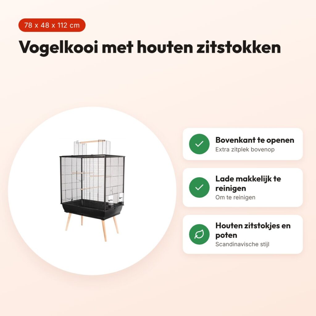 Zolux vogelkooi Neo Jili zwart 78 x 48 x 112 cm – houten zitstokken – voordelen