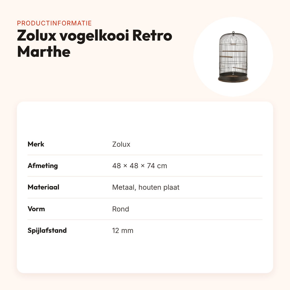 Zolux vogelkooi Retro Marthe 48 x 48 x 74 cm – industrieel, hoge ronde vorm – productinformatie