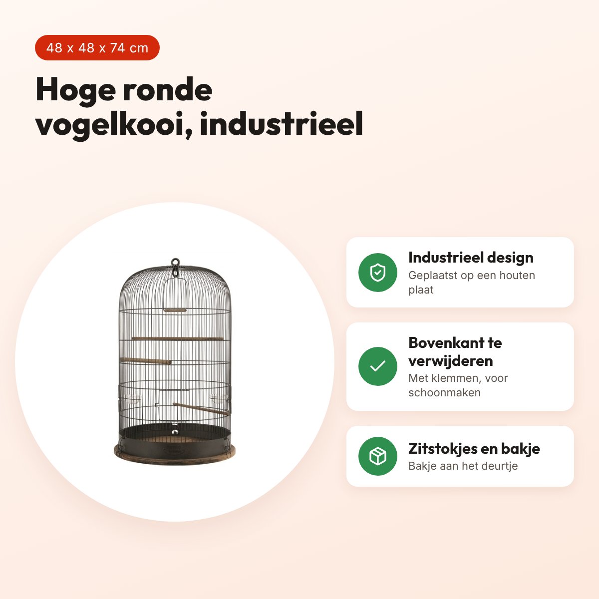 Zolux vogelkooi Retro Marthe 48 x 48 x 74 cm – industrieel, hoge ronde vorm – voordelen